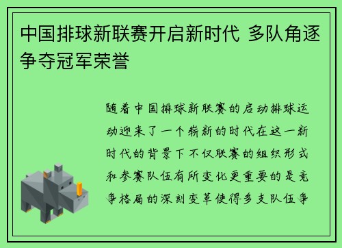 中国排球新联赛开启新时代 多队角逐争夺冠军荣誉