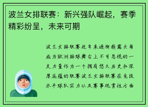 波兰女排联赛：新兴强队崛起，赛季精彩纷呈，未来可期