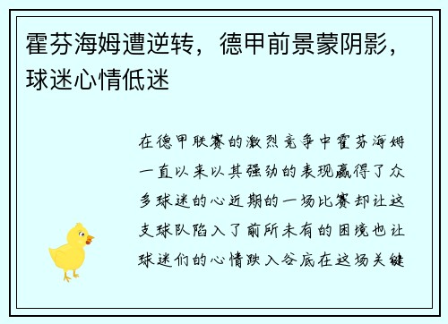 霍芬海姆遭逆转，德甲前景蒙阴影，球迷心情低迷
